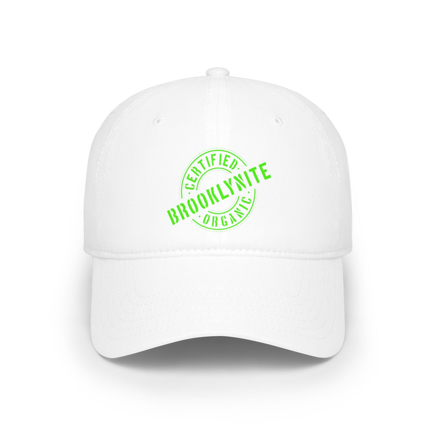 Low-Profile Baseball Cap "Certified Organic Brooklynite" - White w/Green Stamp