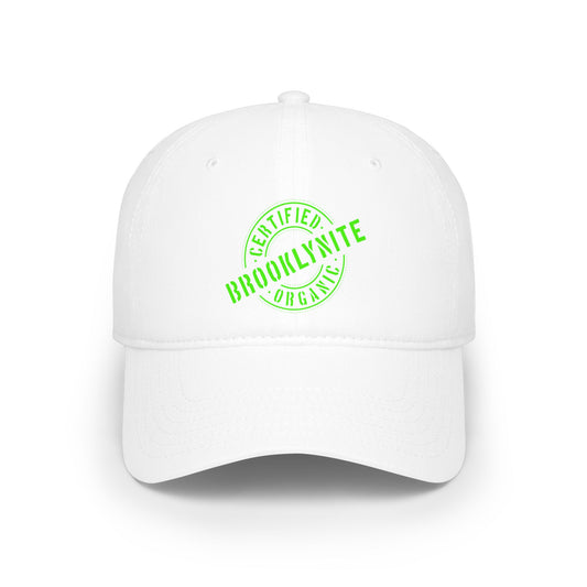 Low-Profile Baseball Cap "Certified Organic Brooklynite" - White w/Green Stamp