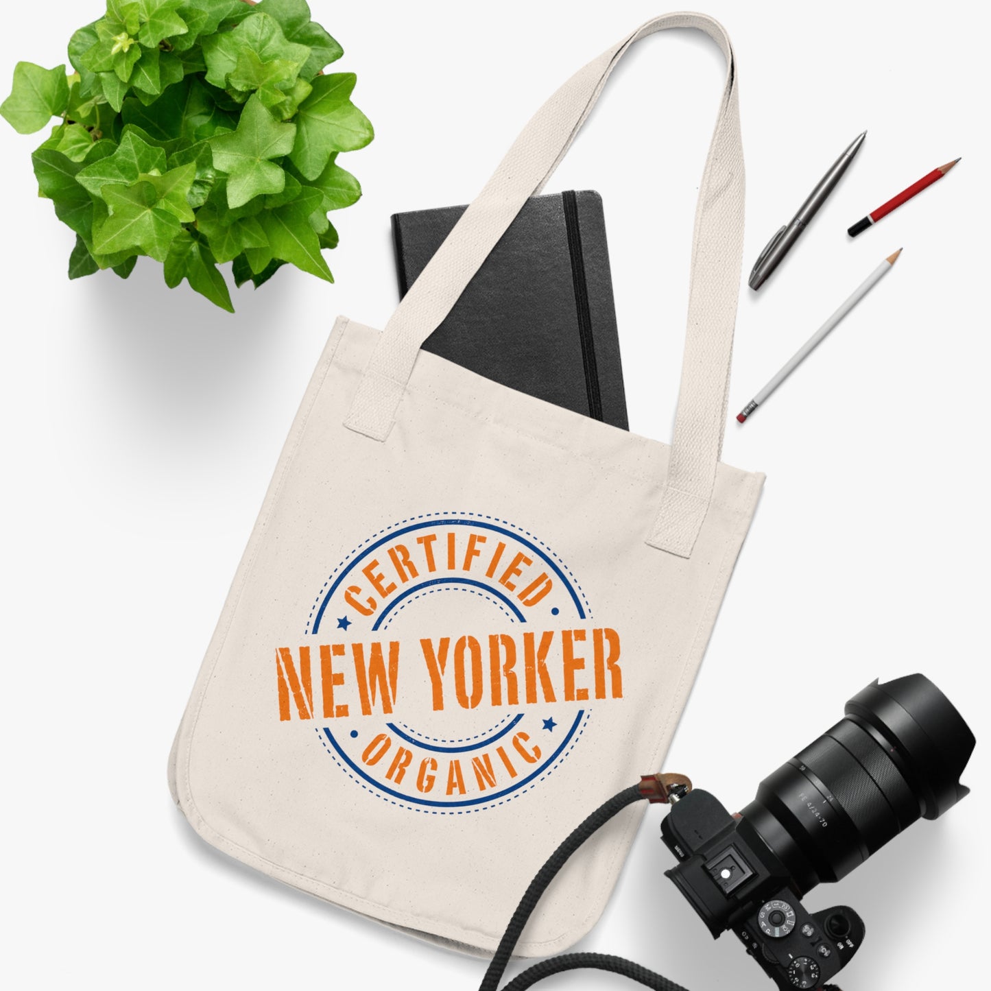 Canvas Tote Bag — "Certified Organic New Yorker" Neon Green Stamp Eco Tote