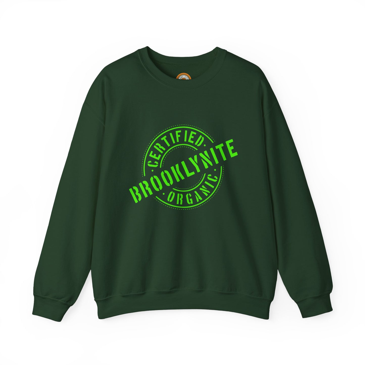 Unisex Heavy Blend Crewneck Sweatshirt "Certified Organic Brooklynite" - Green Stamp