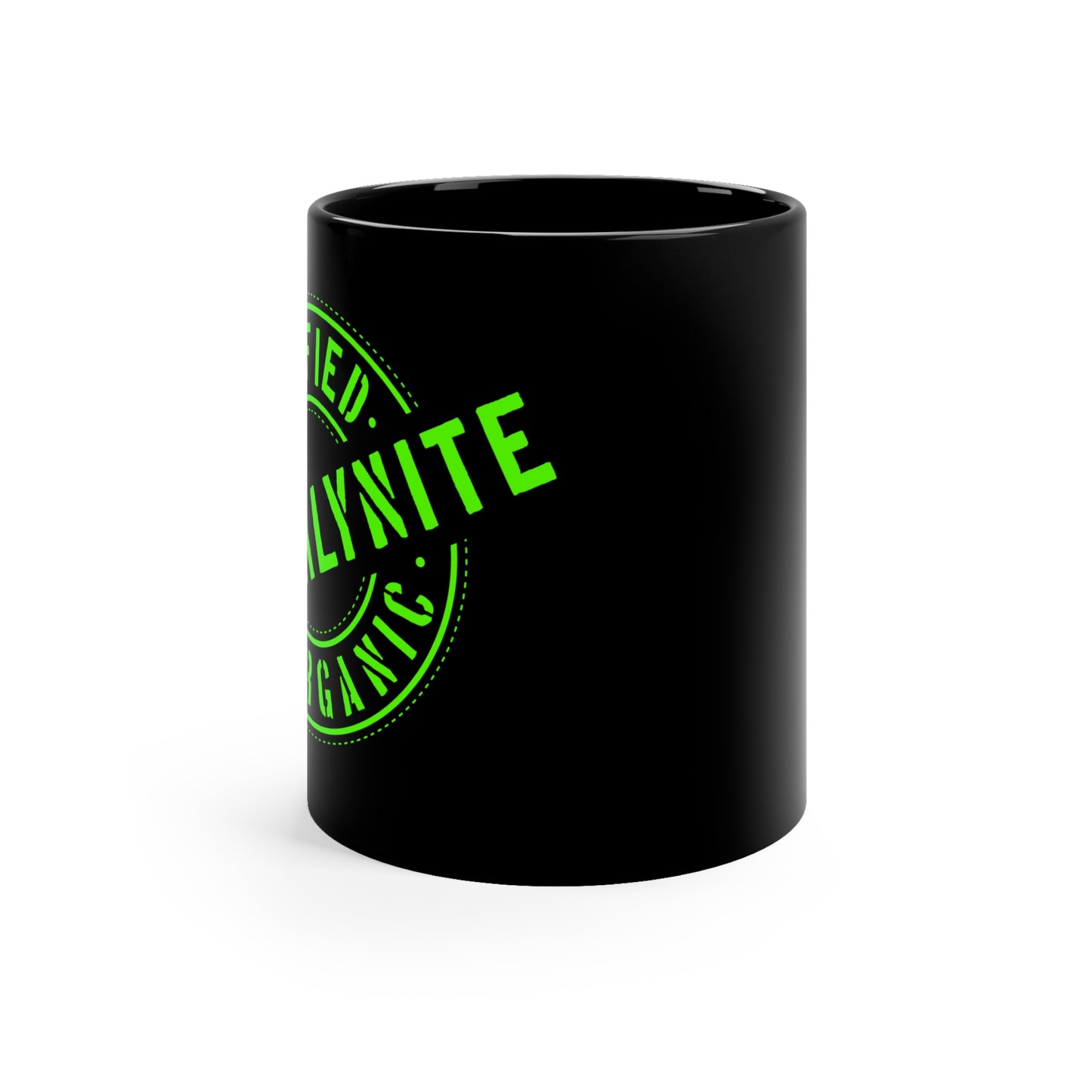 Black Coffee Mug "Certified Organic Brooklynite" — 11oz, Neon Green Stamp