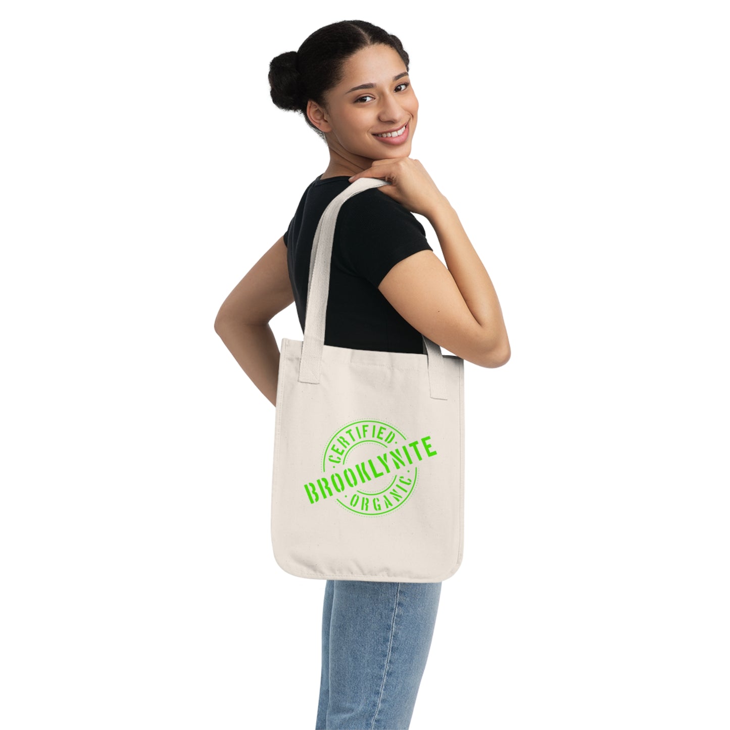 Canvas Tote Bag — "Certified Organic Brooklynite" Neon Green Stamp Eco Tote