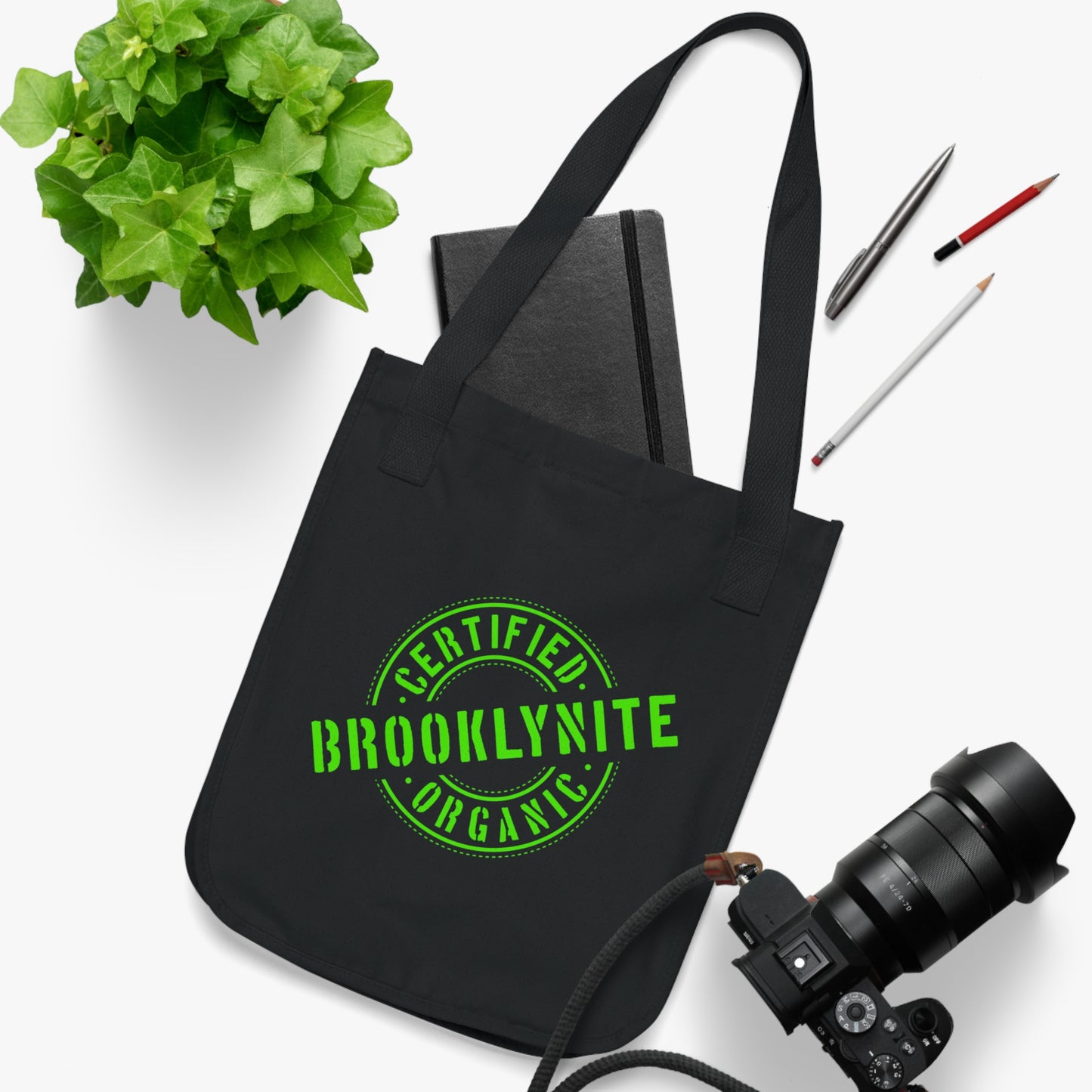 Canvas Tote Bag — "Certified Organic Brooklynite" Neon Green Stamp Eco Tote