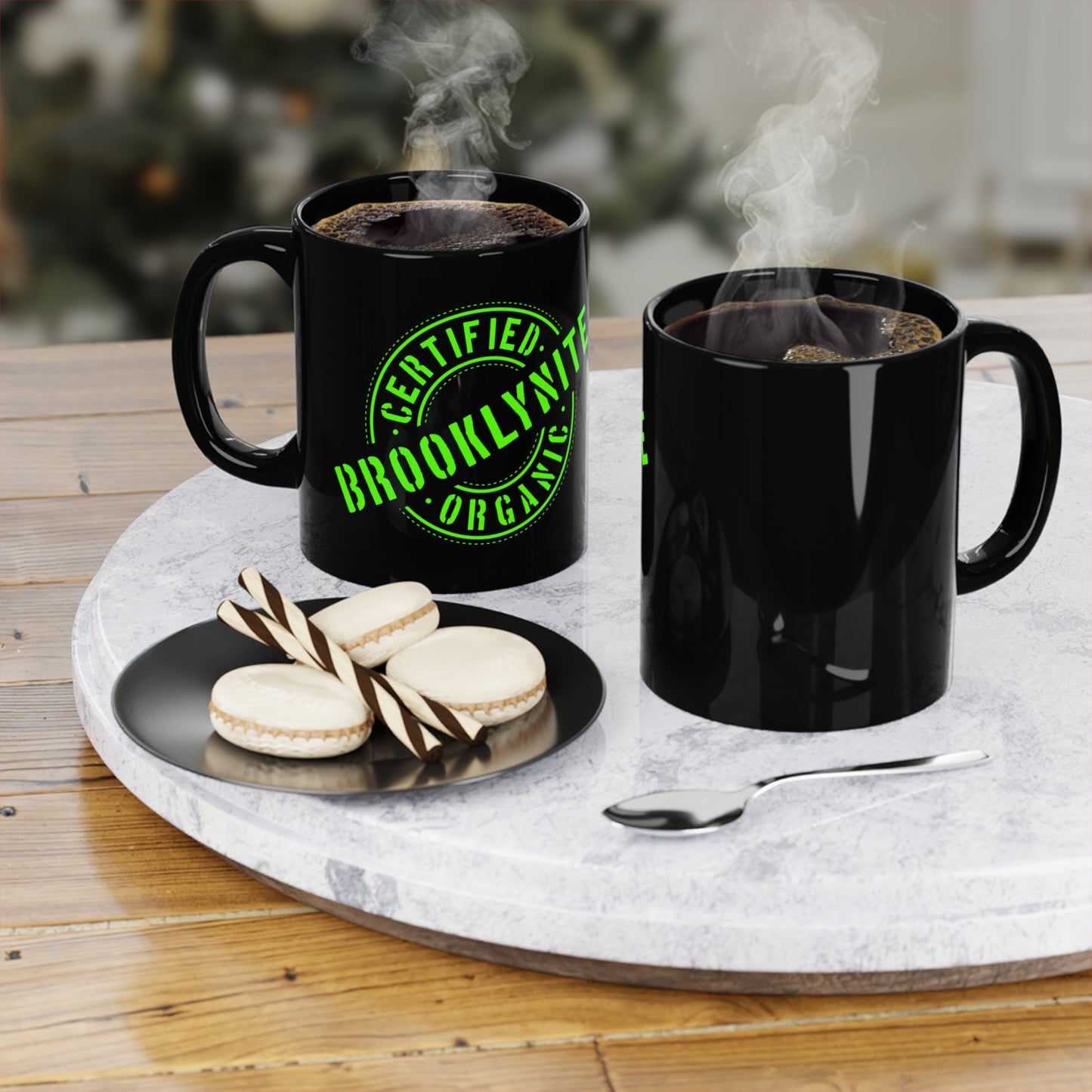 Black Coffee Mug "Certified Organic Brooklynite" — 11oz, Neon Green Stamp