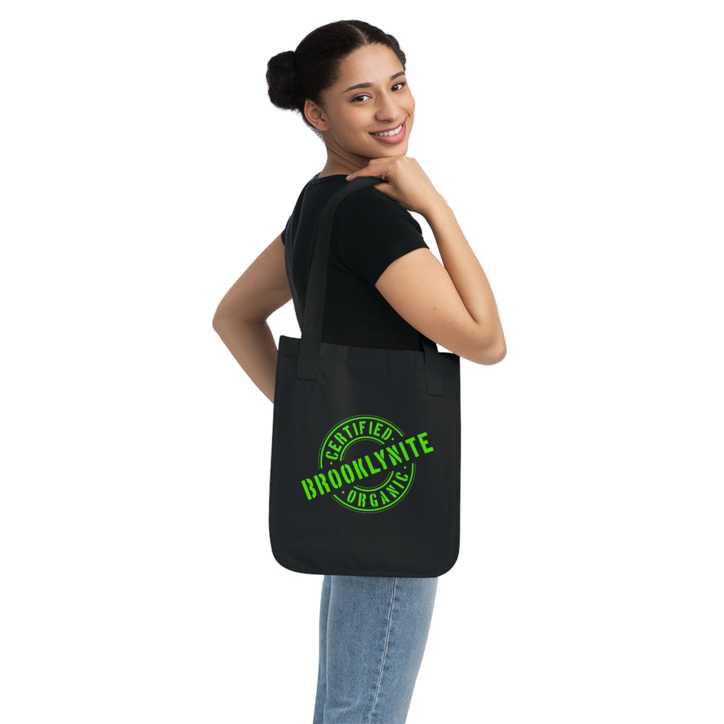 Canvas Tote Bag — "Certified Organic Brooklynite" Neon Green Stamp Eco Tote