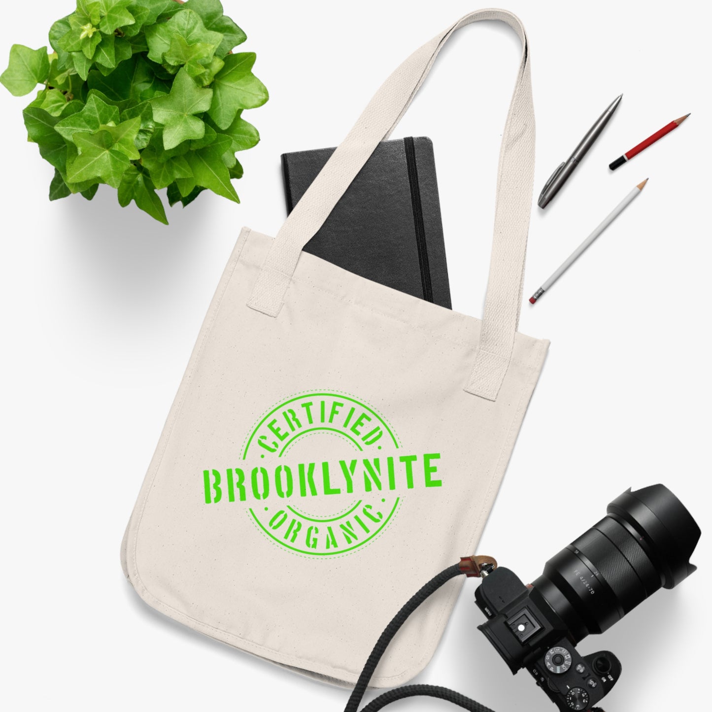 Canvas Tote Bag — "Certified Organic Brooklynite" Neon Green Stamp Eco Tote