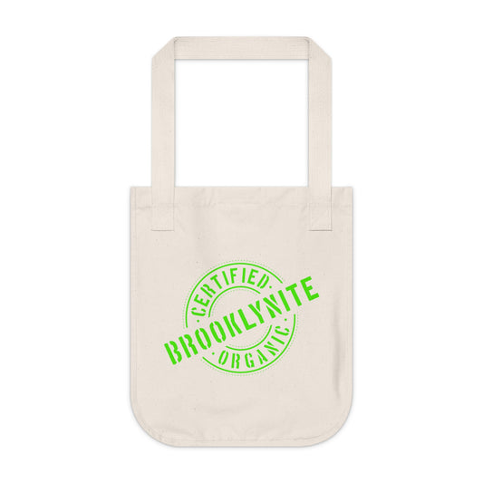 Canvas Tote Bag — "Certified Organic Brooklynite" Neon Green Stamp Eco Tote