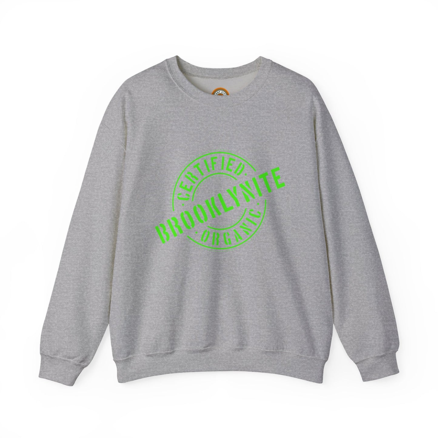 Unisex Heavy Blend Crewneck Sweatshirt "Certified Organic Brooklynite" - Green Stamp