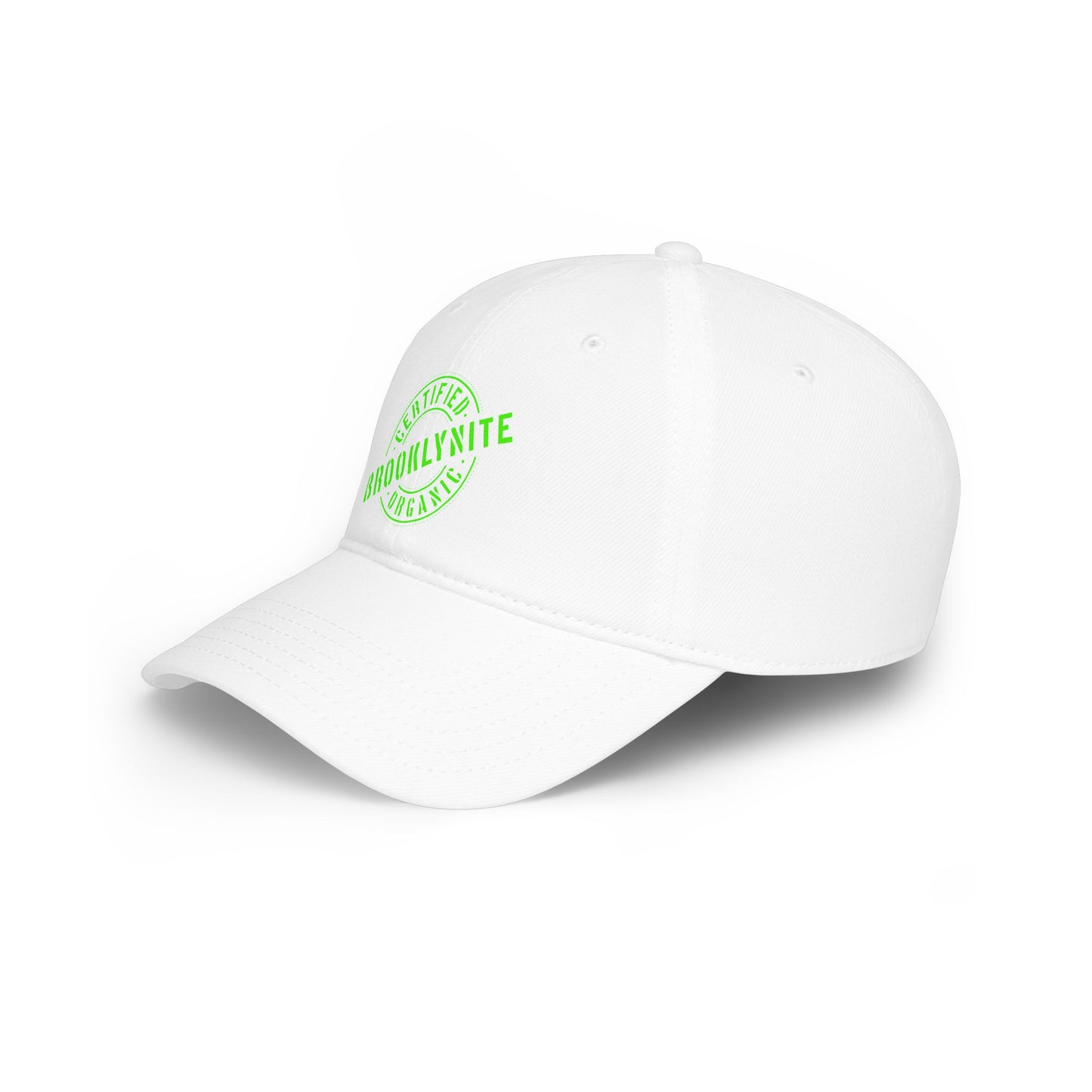 Low-Profile Baseball Cap "Certified Organic Brooklynite" - White w/Green Stamp