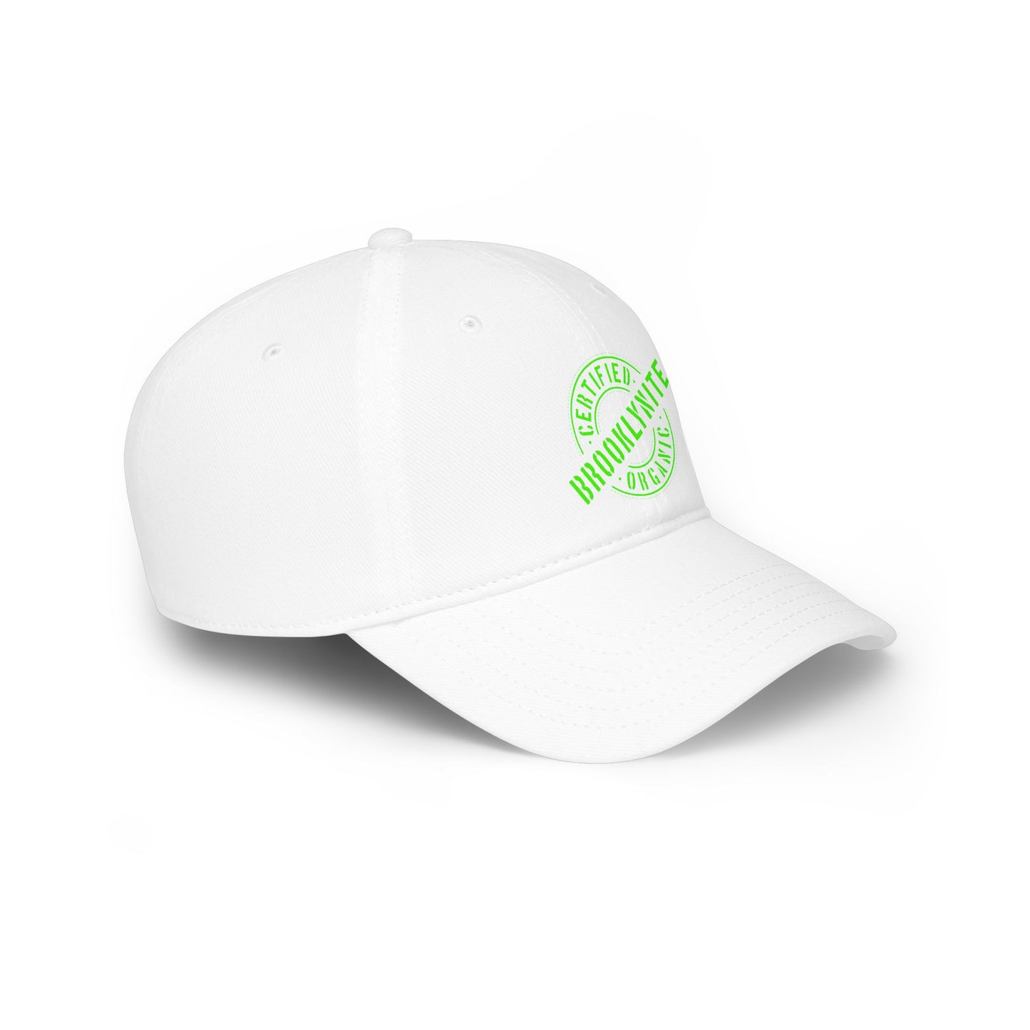 Low-Profile Baseball Cap "Certified Organic Brooklynite" - White w/Green Stamp